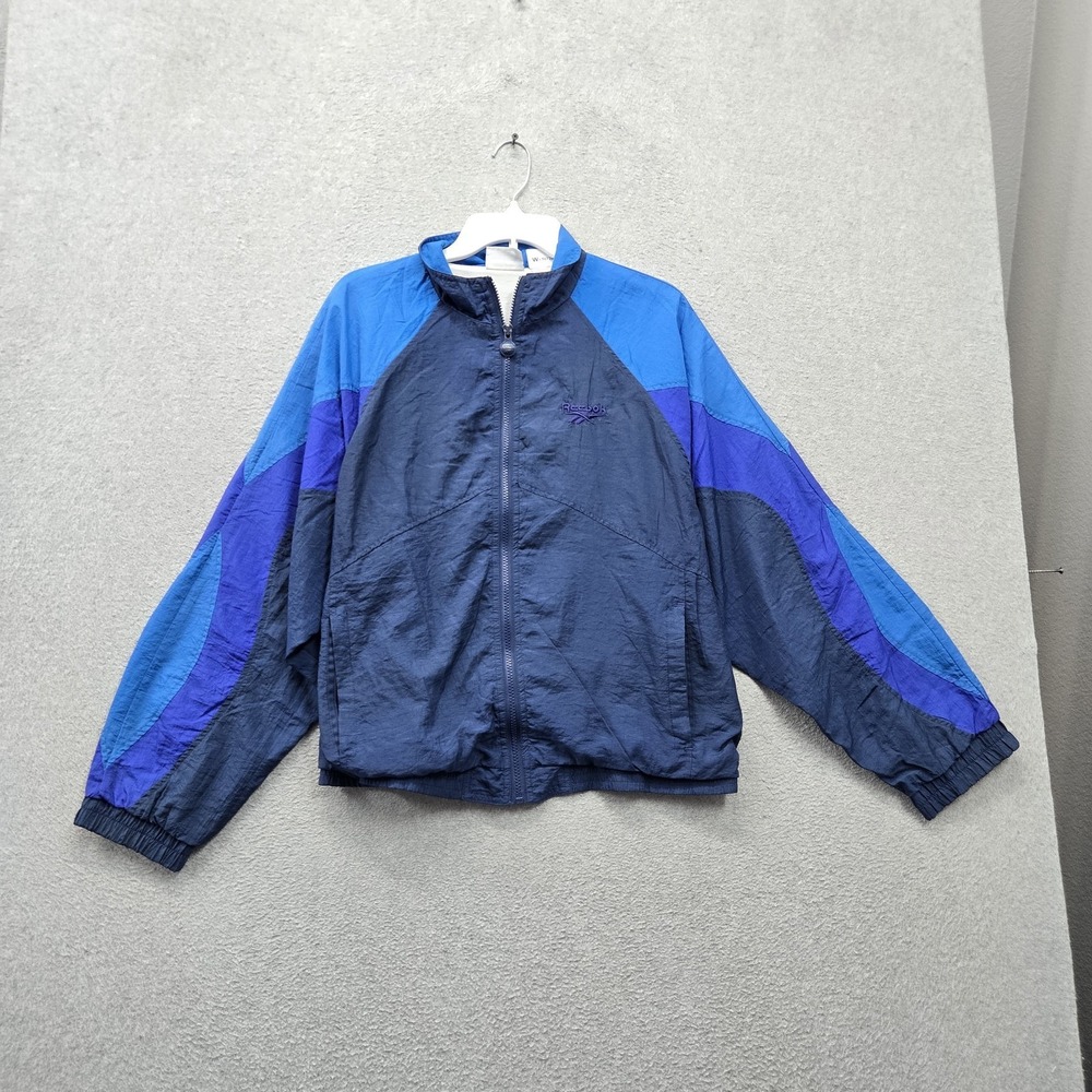 VINTAGE Reebok Men Jacket L Blue Colorblock Windbreaker Nylon Activewear Logo